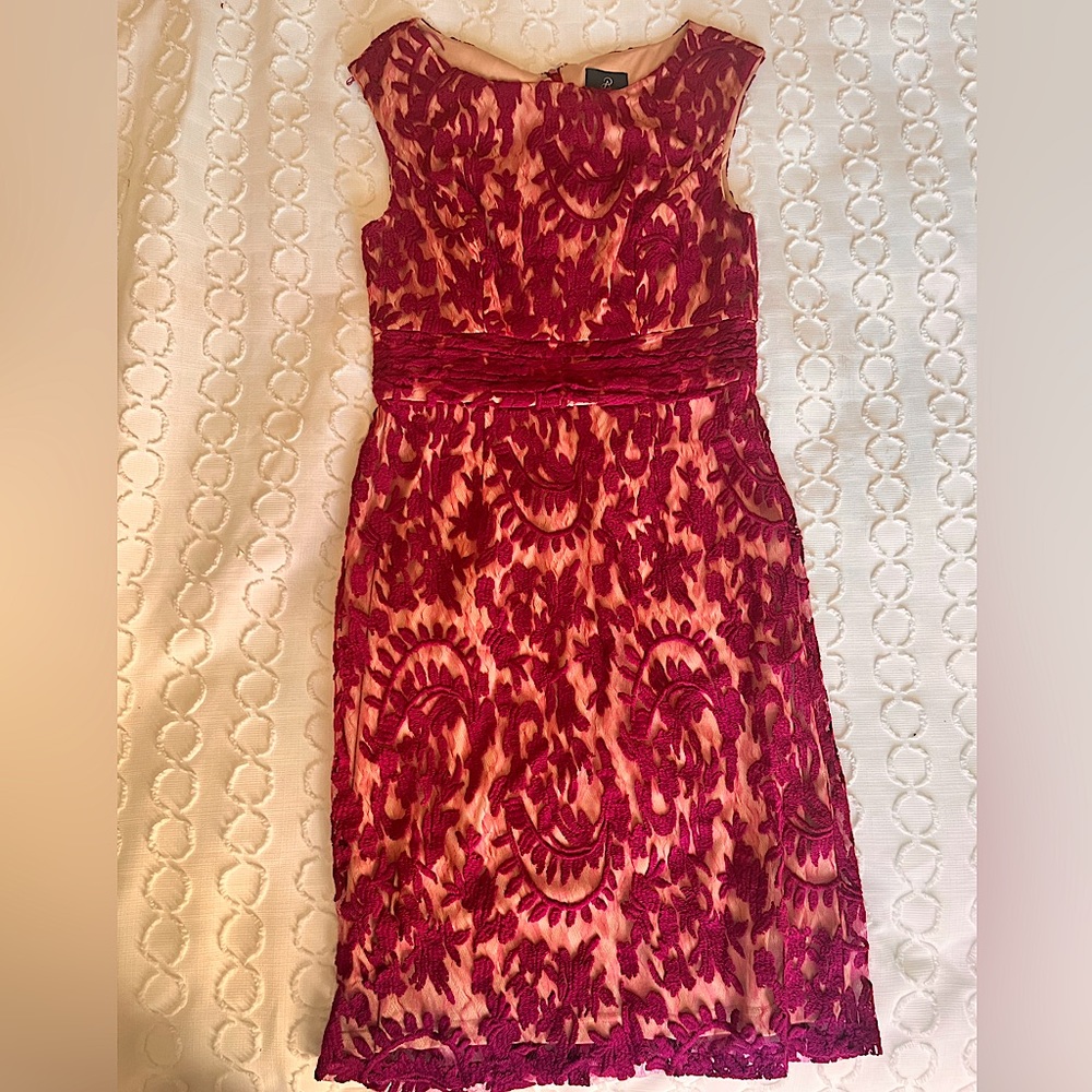 Adrianna Papell Maroon Lace Overlay Sheath Dress